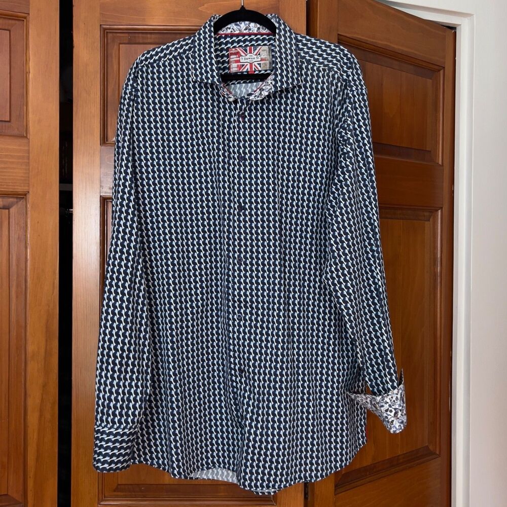 7 Downie St London Couture Mens Geometric Flip Cuff Long Sleeve Shirt Size 7/XXL